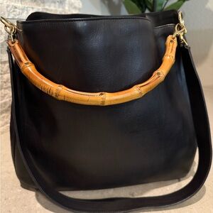 Vintage Gucci Bamboo Top Handle Tom Ford Era Black Leather Hobo w/COA Rare EUC